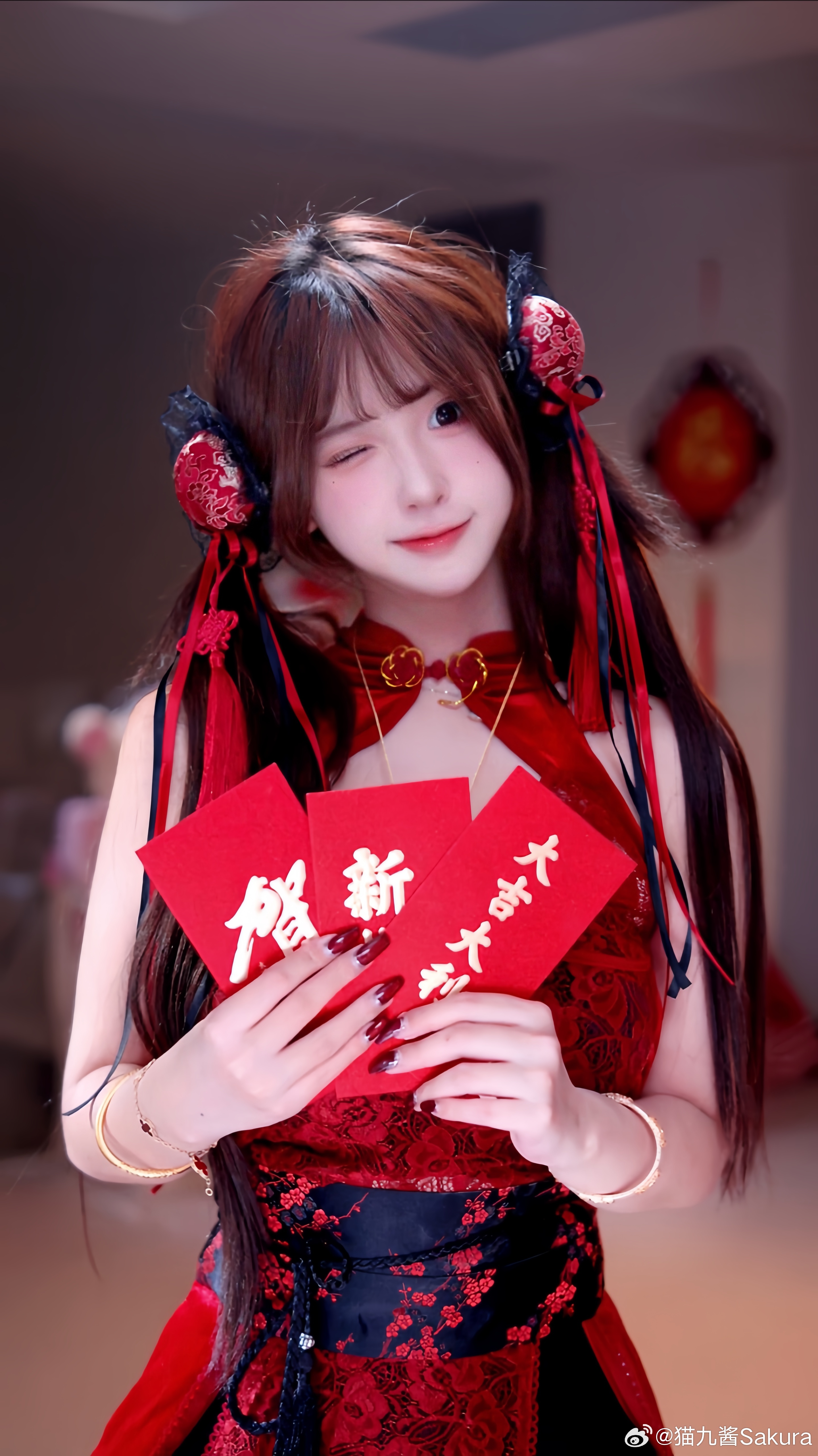 斗鱼主播最新猫九酱新年红色装扮套图第4张